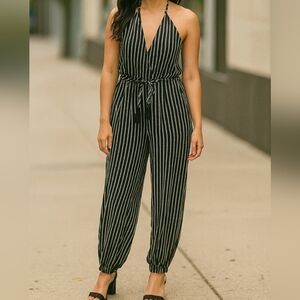 Striped Jumpsuit XS Navy Blue White Backless Leg Slits Halter Neck Summer Beach